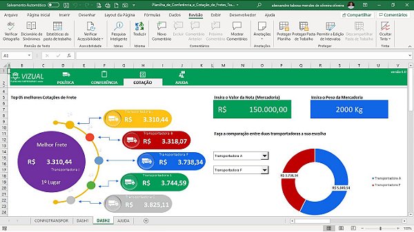 Planilha de Conferência e Cotação de Fretes Transportadora em Excel 6.0