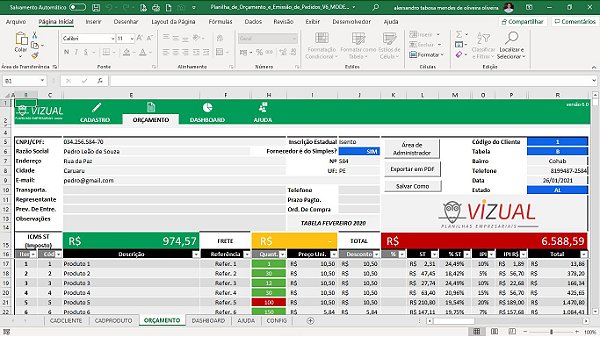 Planilha de Orçamento e Emissão de Pedidos (Gold) em Excel 6.0