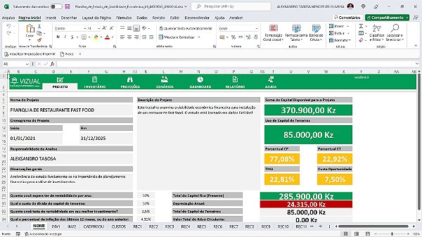 Planilha de Estudo de Viabilidade Econômica em Excel 6.0  Angola