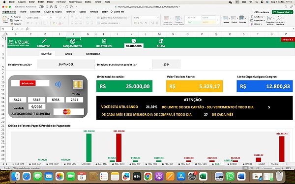 Planilha de Controle Pessoal de Cartão de Crédito Completa em Excel 6.3 - MAC