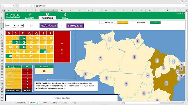 Planilha de Controle de Feriados (Brasil) em Excel 6.0