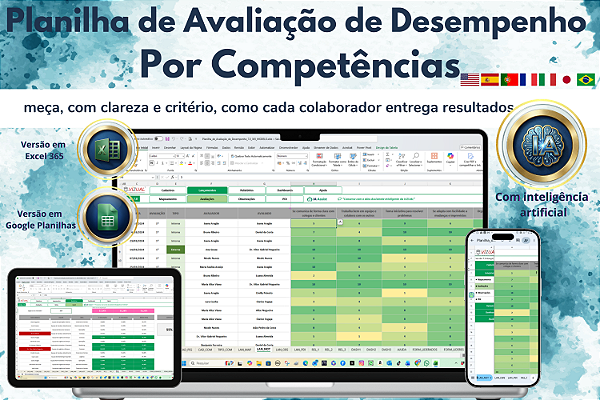 Planilha de Avaliação de Desempenho por Competência em Excel 7.0 365