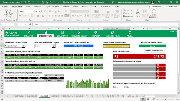 Pacote de Planilhas para Fretes Fracionados em Excel 6.0