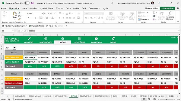 Planilha de Controle de Recebimento de Comissões em Excel 6.0