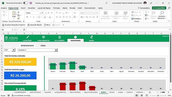 Planilha de Controle de Pagamento de Comissões em Excel 6.0