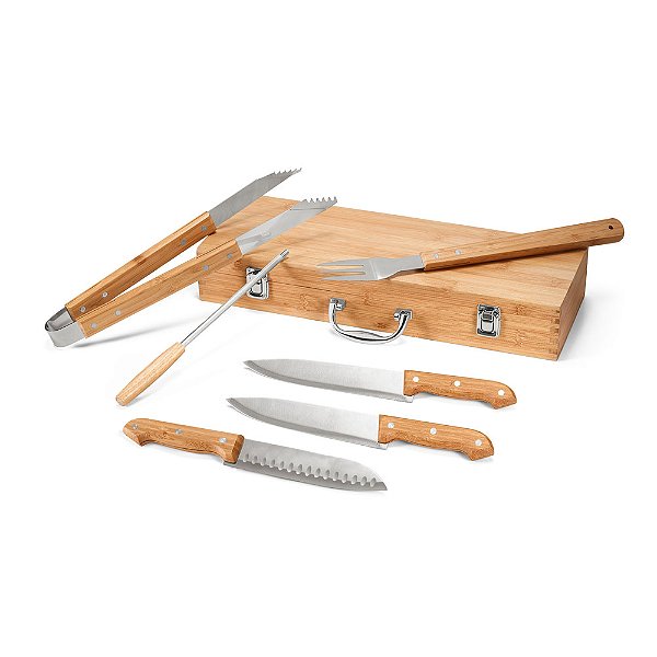 Kit churrasco em estojo de bambu com 6 peças em aço inox e bambu 93844