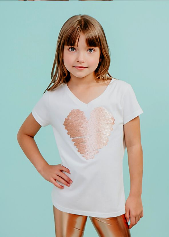 T-shirt Infantil Off-White com Coração Lantejoula Gold