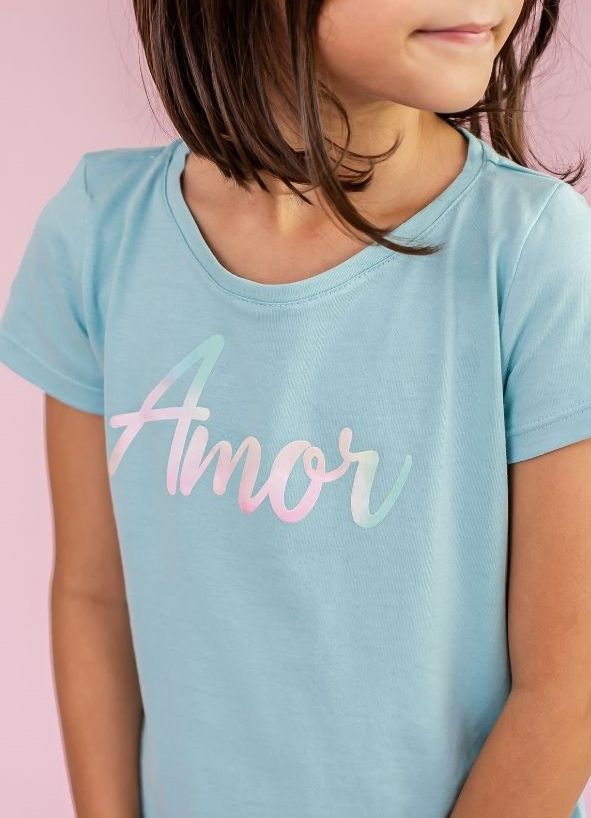 T-shirt Infantil Azul Estrada Decote Canoa Amor Tie Dye