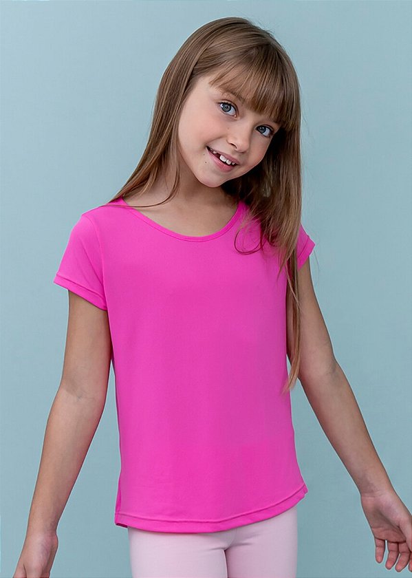 T-shirt Infantil Crepe Rosa Chiclete Neon Manga Curta