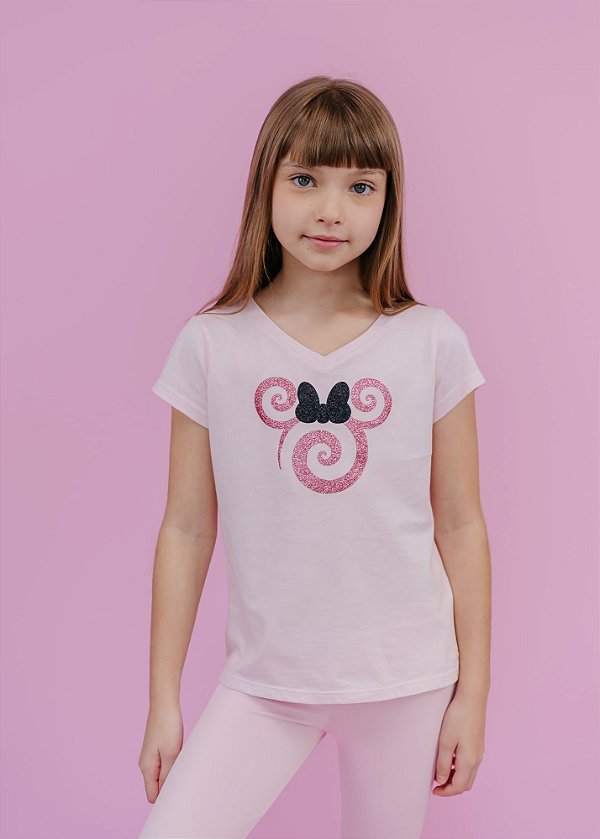 T-shirt Infantil Manga Curta Decote V Branca Com Aplicação Minnie