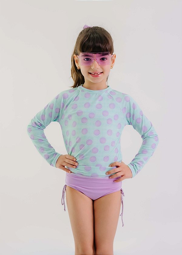 T-shirt Infantil Manga Longa Verde Água Poá Lilás