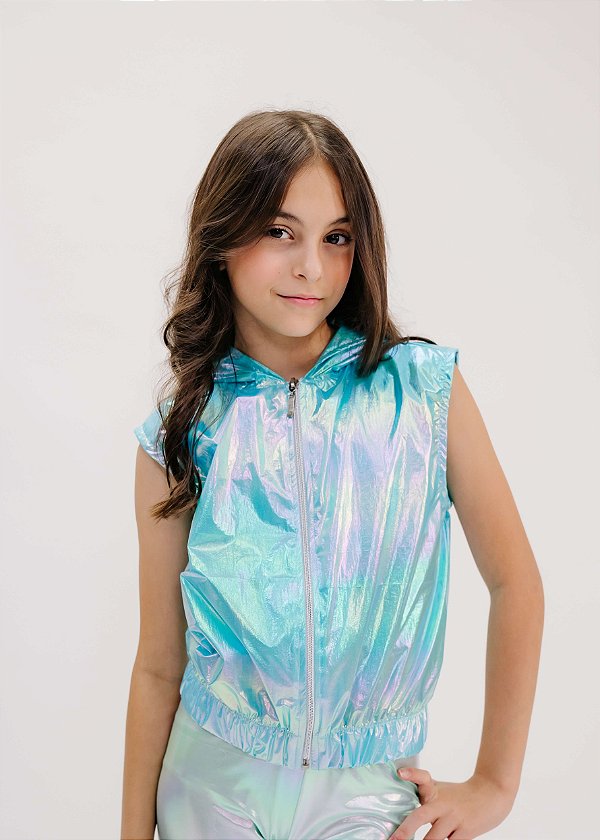 Colete Infantil Corta Vento com Capuz Azul Platinado