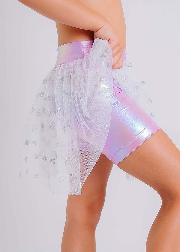 Saia em Tule com Coração e Shorts Lilás Platinado