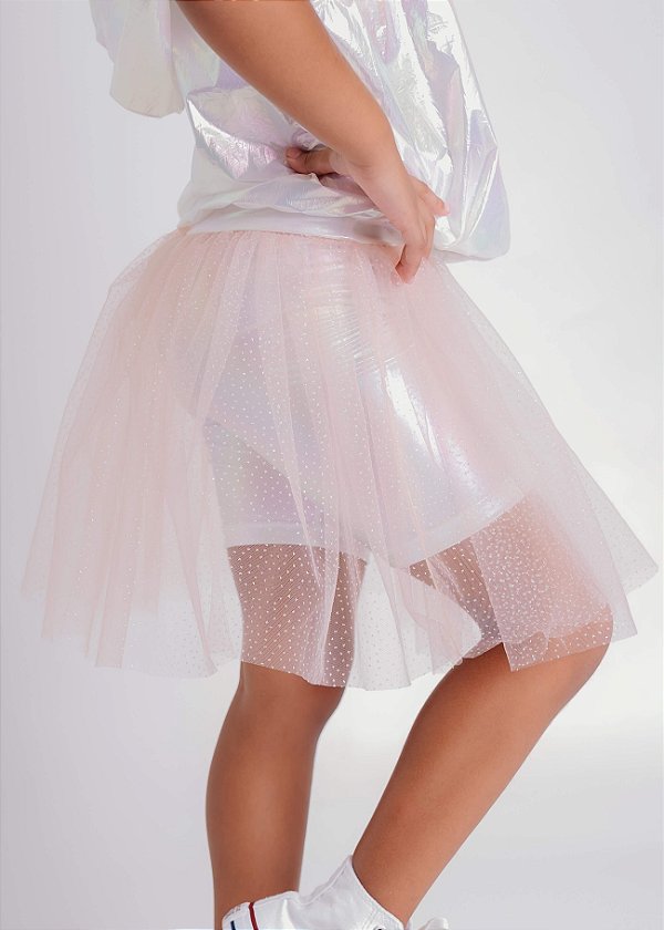Saia em Tule  e Shorts Branco Platinado