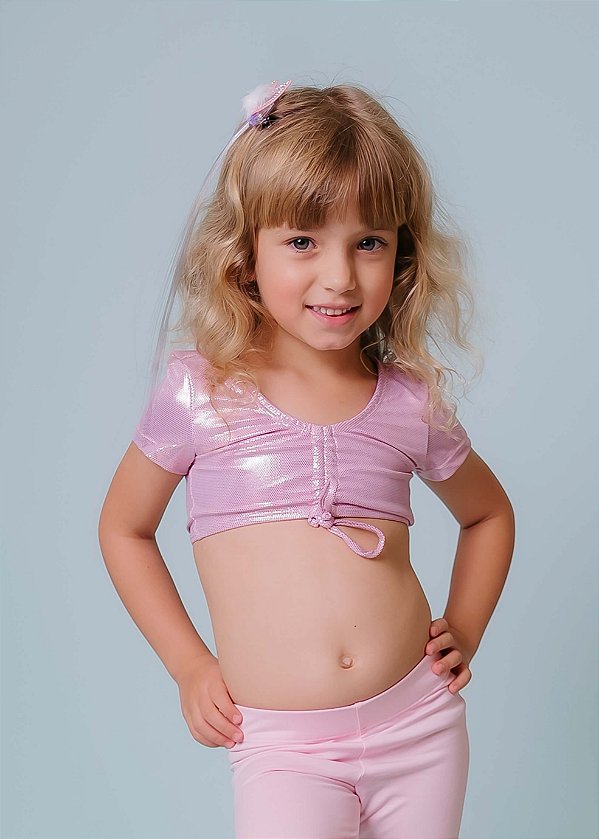 Cropped Infantil Manga Curta Rosê Brilhante