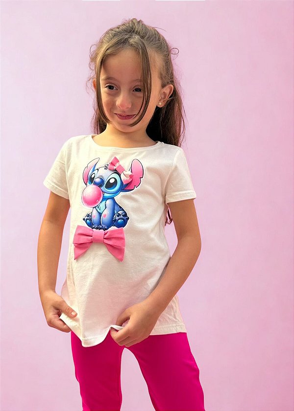 T-shirt Infantil Branca Stitch Laço Rosa