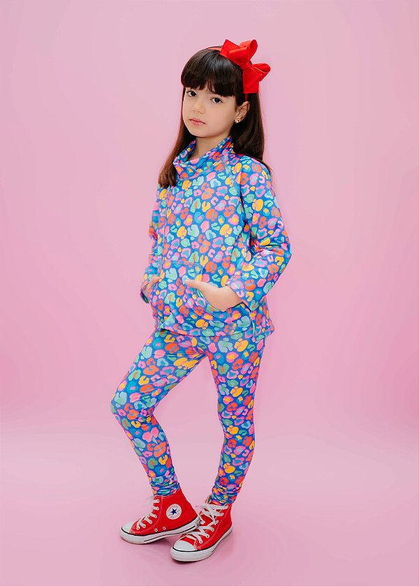 Conjunto Moletom Azul Estampa Oncinha Colorida