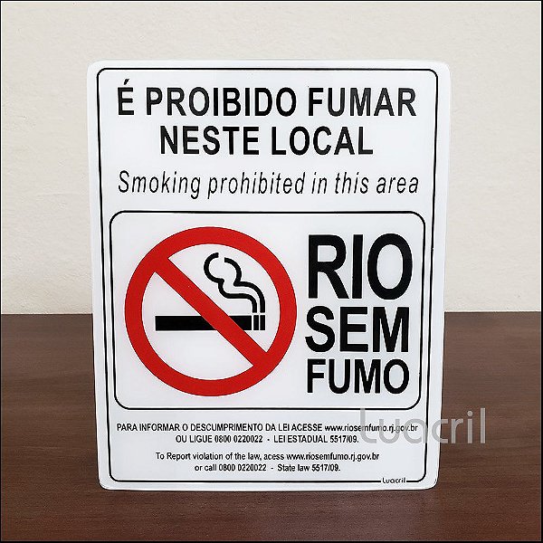 Placa Lei Estadual 5.517 Rio Sem Fumo Bilíngue em Acrílico