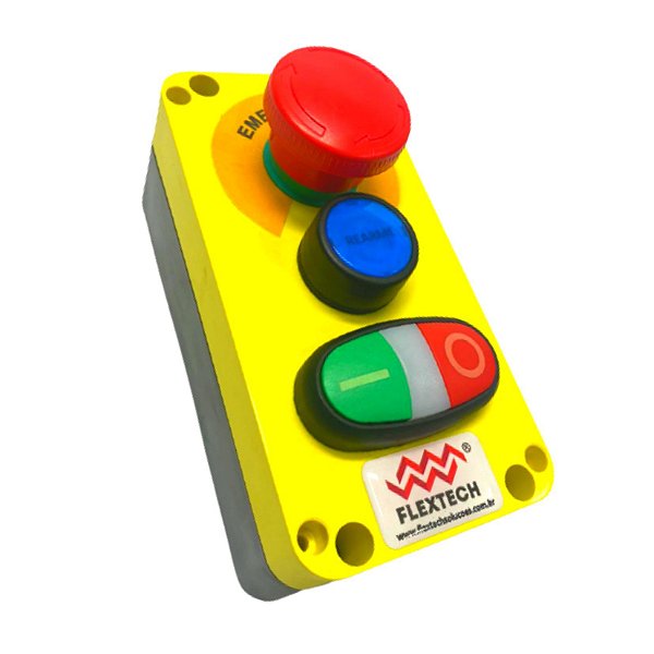 Botoeira NR12 com Botão de Emergência 2NF, Rearme 1NA, Liga/Desliga 1NA+1NF – 24VCC