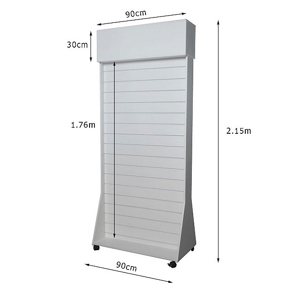 Gôndola expositora loja BRANCA c/ 2 faces e testeira p/ Logo - rodas  na base - canaletas de PVC nos trilhos - 2,15 m A x 90 cm L  17 trilhos - Madeira MDF18  - Outras medidas Whats (11) 94220-9117