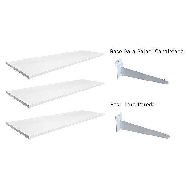 3 Prateleiras madeira MDF 18mm branco c/ 6 suportes faca - base p / painel canaletado ou parede - Diferentes tamanhos para escolher - Sob medida  whats (11) 94220-9117