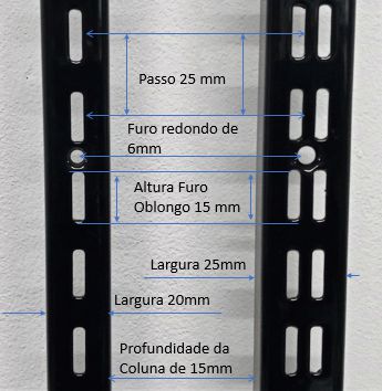 1 Trilho Cremalheira Passo 25  com Furação Simples ( 1 encaixe)  ou Dupla ( 2 encaixes) - 1,99M -Preto ou Branco - Pronta entrega