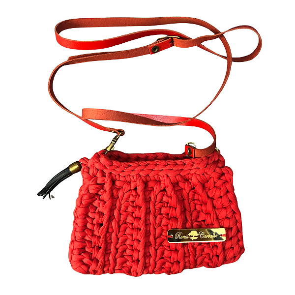 Bolsa de Crochê Vermelha Casual - Fio de Malha com Alça em Couro Sintético
