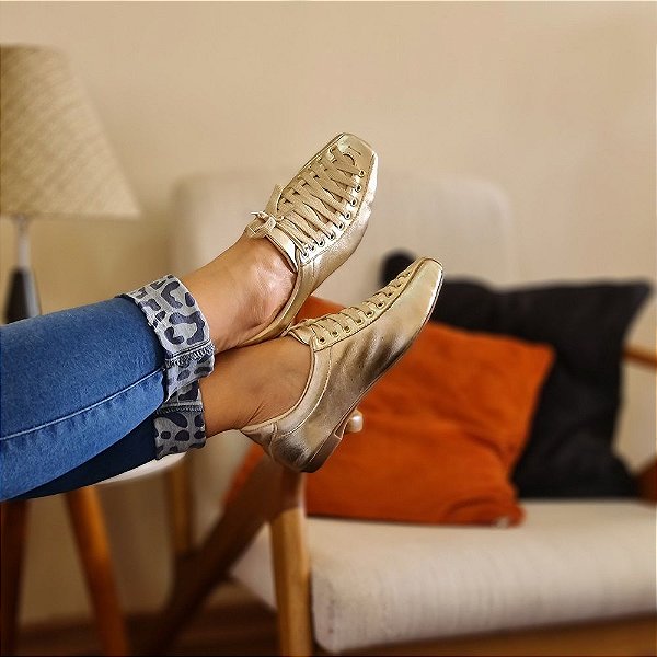 Tênis Feminino de Couro Amo Calçados Champanhe