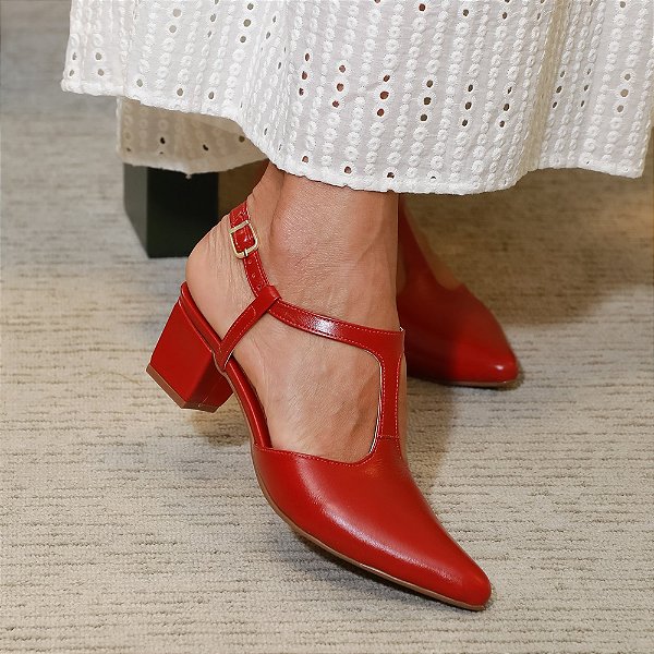 Slingback em Couro Clara Vermelho