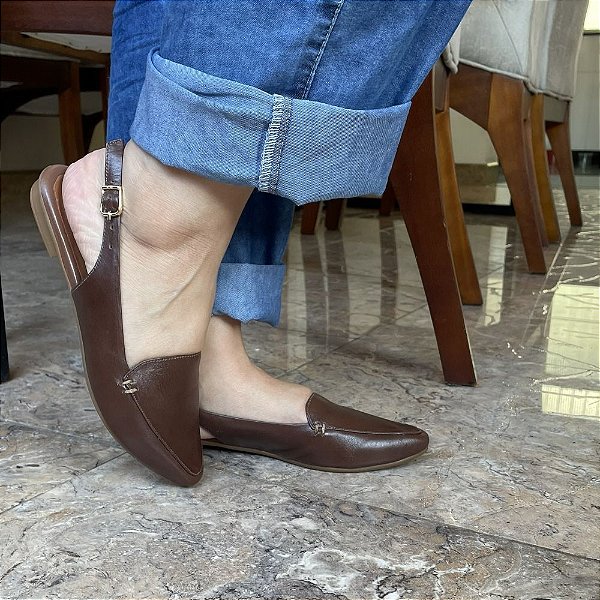 Sapatilha Slingback Amo em Couro Marrom