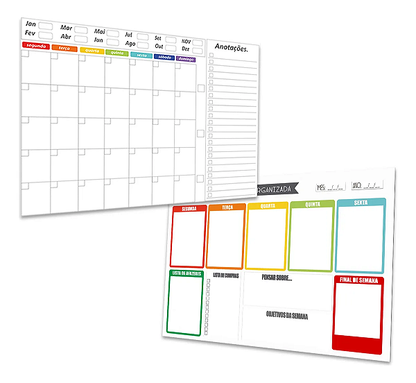 Kit Quadro Planejamento Mensal e Semanal - Planners Brancos/Coloridos