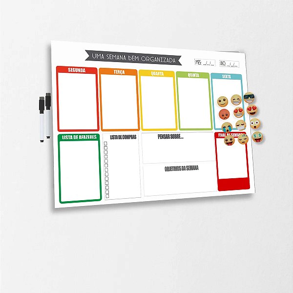 Quadro Lousa Planejador Semanal - Planner Branco/Colorido