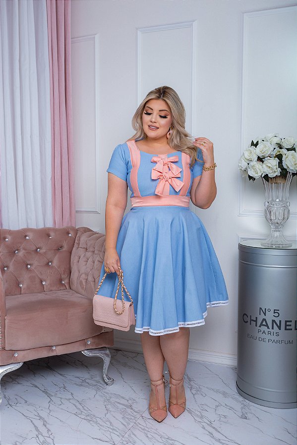 REF 2122 - VESTIDO GODE AZUL BB COM LAÇOES EM ROSE