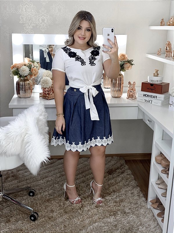 CONJ. ELOÁ - SAIA DE PREGAS JEANS + BLUSA DE AMARRAÇÃO