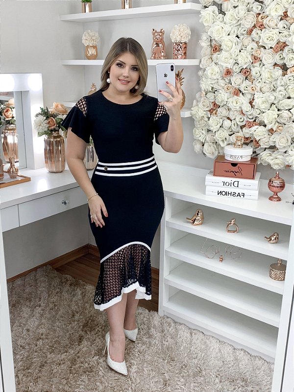 VESTIDO ESTER - TUBINHO MULET PRETO COM APLICAÇÕES DE FAIXAS BRANCAS