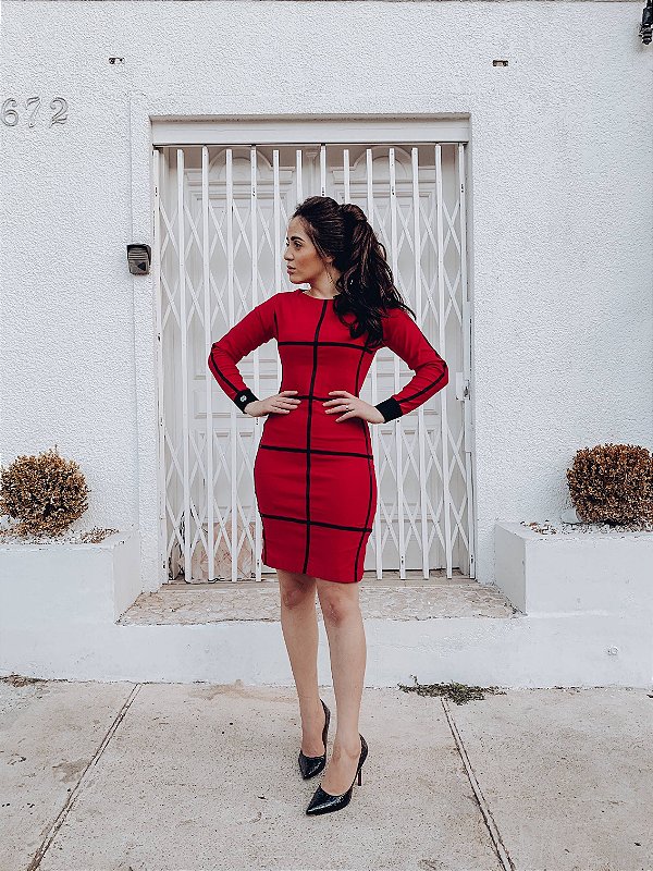 VESTIDO VALÉRIA -  TUBINHO MANGA LONGA VERMELHO COM FITA