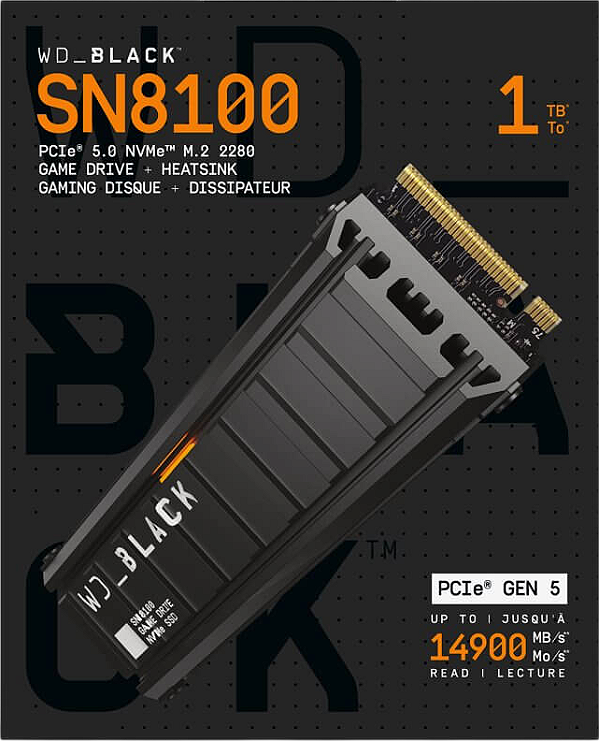 1TB WD Black SN8100 com Dissipador 14.900MB/s SSD M.2 NVMe GEN5 PCIe 5.0 - WDS100T1XHM-00CMT0