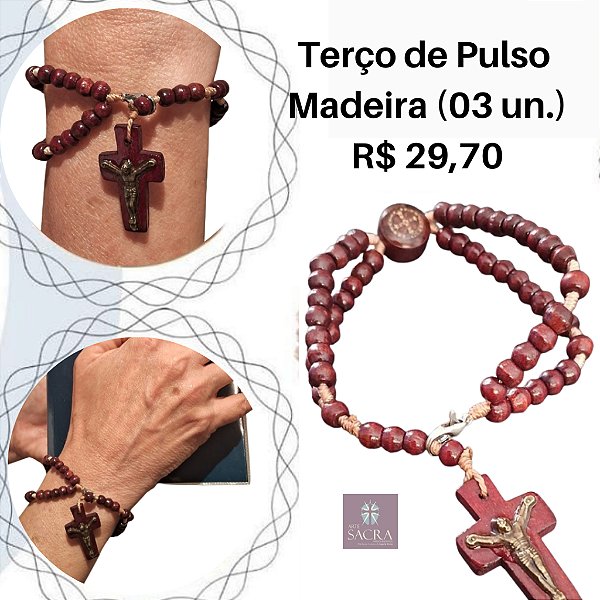 Terço Madeira de Pulso São Bento Aparecida KIT 03 unidades