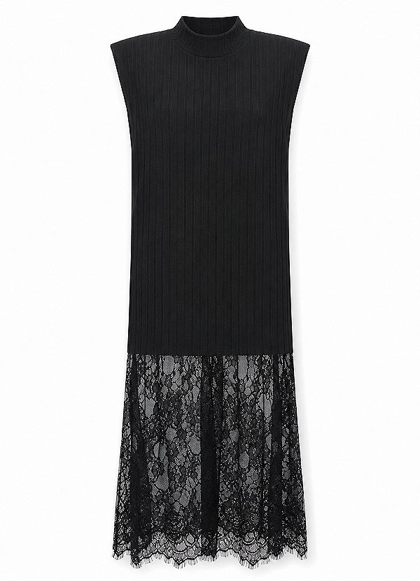 Vestido Midi Canelado sem Mangas Modelo Reto com Renda Chantilly