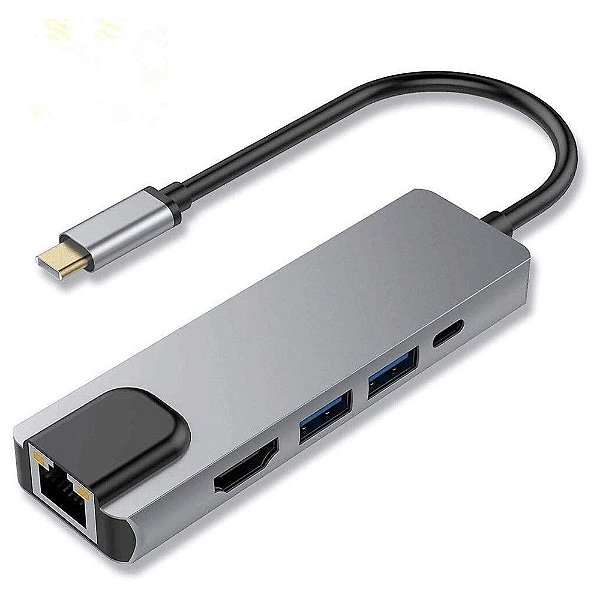 Cabo Adaptador USB-C 5 em 1 HDMI LAN RJ45 1000 USB 3.0 e USB TIPO-C