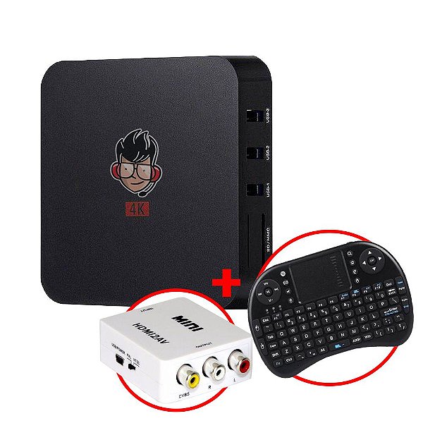 Kit TV Box MXQ Pro 4K Android 8.1 + Mini Teclado sem fio c/ Touchpad + Adaptador HDMI / RCA AV + Cabo RCA AV