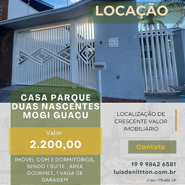 Casa para Locação no Pq. Duas Nascentes, Mogi Guaçu/SP.