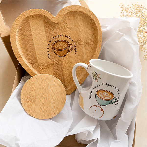Kit Amizade Caneca, Tampa e Bandeja Coleção Encantos personalize com Nome e frase