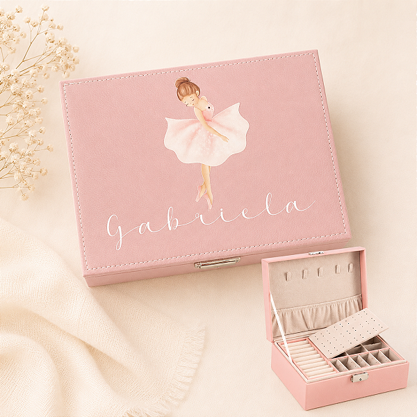 Porta Joia Rosa Grande personalizado com desenho (bailarina, borboletas ou coração) e Nome