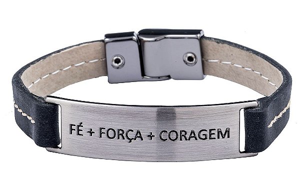 BRACELETE COURO PRETO FÉ + FORÇA + CORAGEM