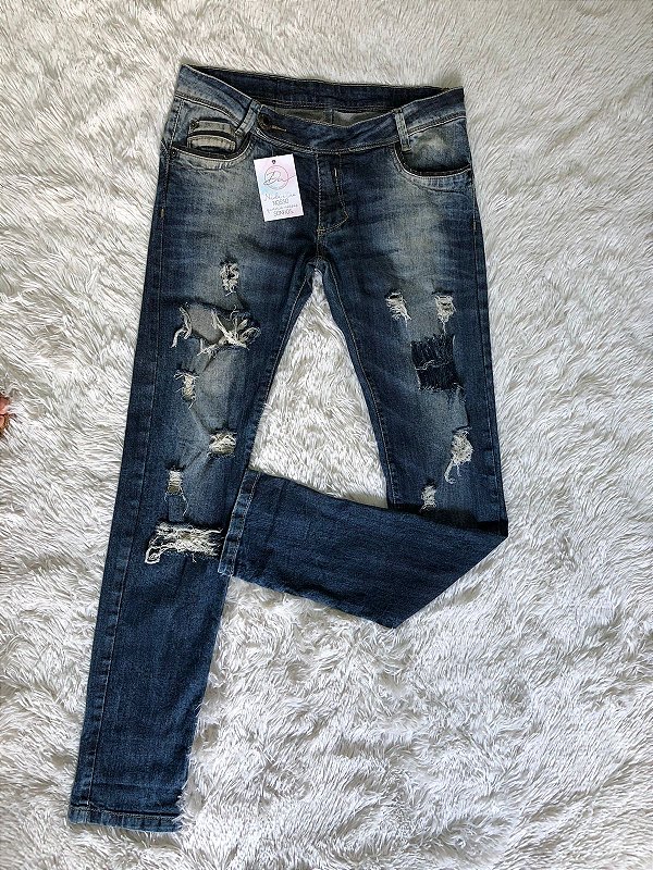 Calca Jeans Detalhes Rasgados Cintura Baixa 44
