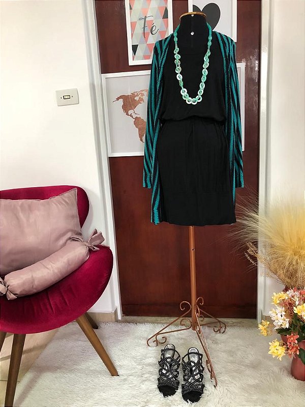 Cardigan em Tricô Listrado Verde e Preto M