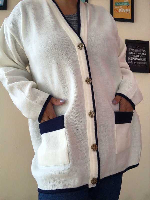 Cardigan Branco com Azul Marinho TAM G