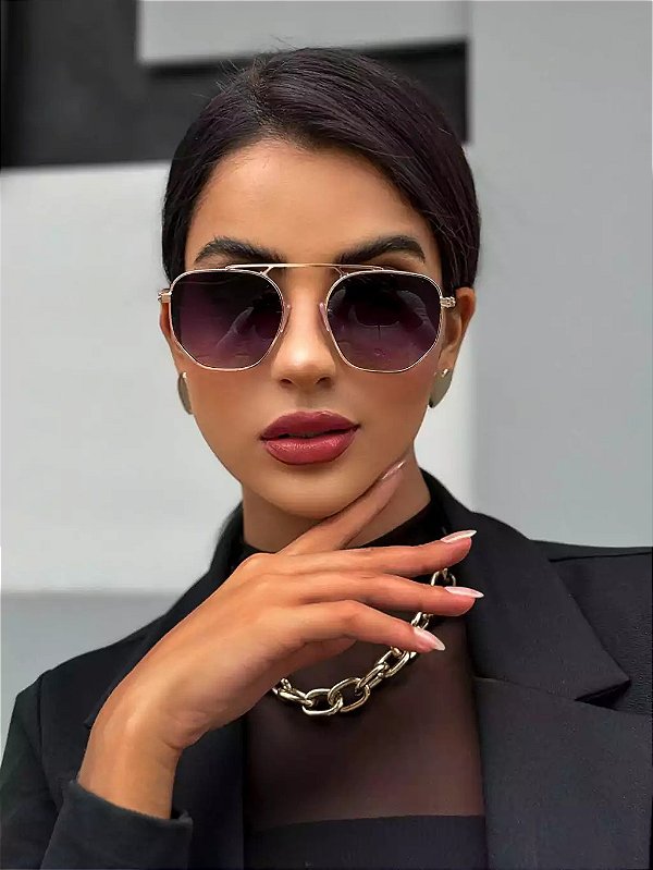 Óculos de Sol Clássico Retangular Ásia - Marrom Metal