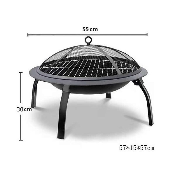 Lareira grill central para deck e jardim com tampa de tela metálica 55 x 55 x 30 cm redonda